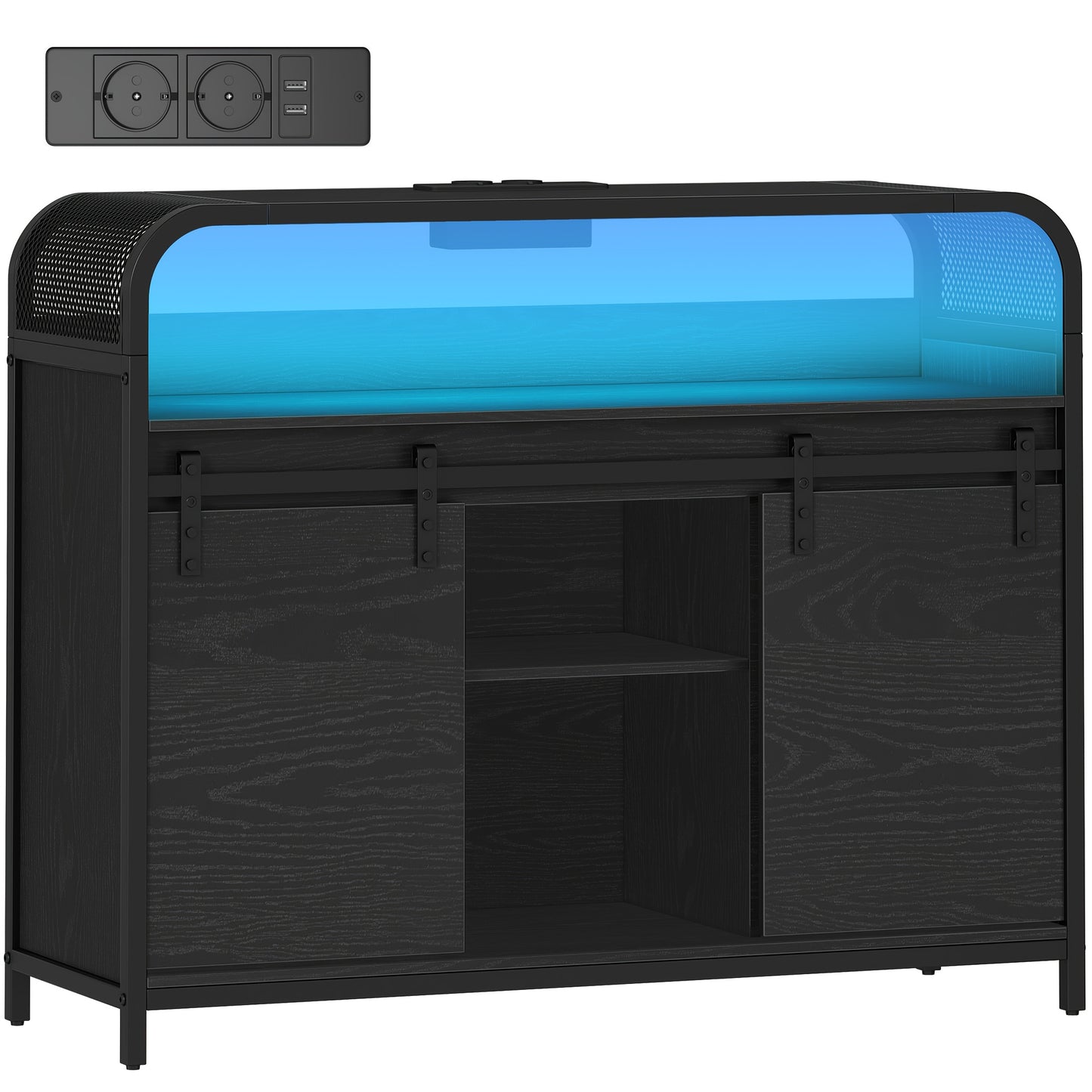 Keukenkast – Sideboard – Opbergkast – Dressoir – Buffetkast – Zwart – LED Verlichting – 2 Schuifdeuren – Verstelbare Planken – 35x100x80 cm – Inclusief Stekkerdoos