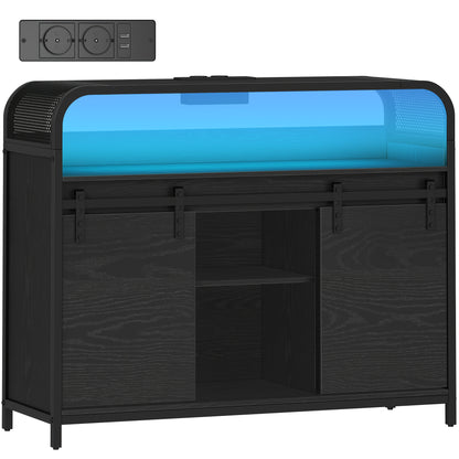 Keukenkast – Sideboard – Opbergkast – Dressoir – Buffetkast – Zwart – LED Verlichting – 2 Schuifdeuren – Verstelbare Planken – 35x100x80 cm – Inclusief Stekkerdoos