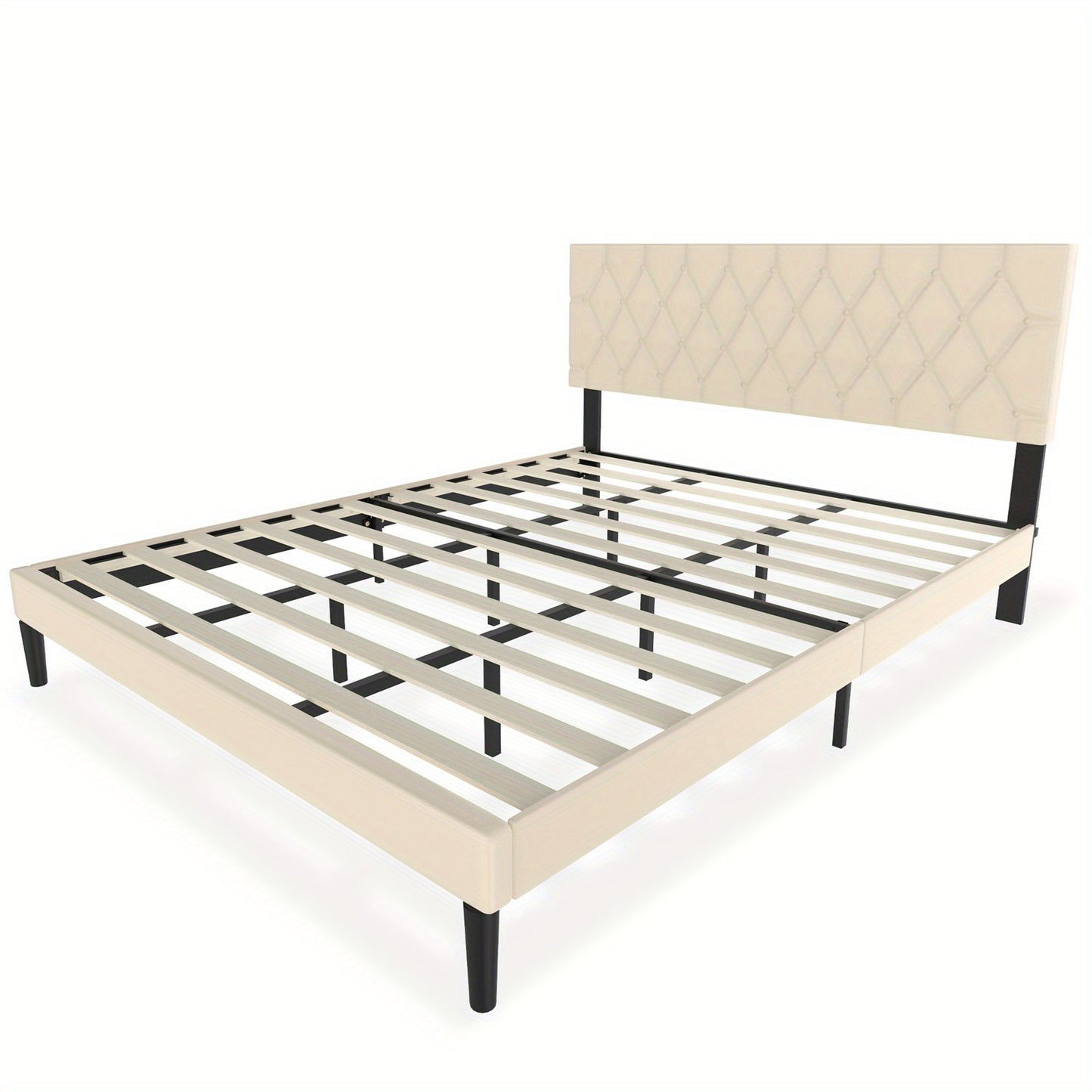 Bedframe – Bed – Tweepersoonsbed – Gestoffeerd bed – Ledikant – Beige Kunstleren Bekleding – 140x200 cm – Stevig MDF Metalen Frame – Max. Draagkracht 300 kg