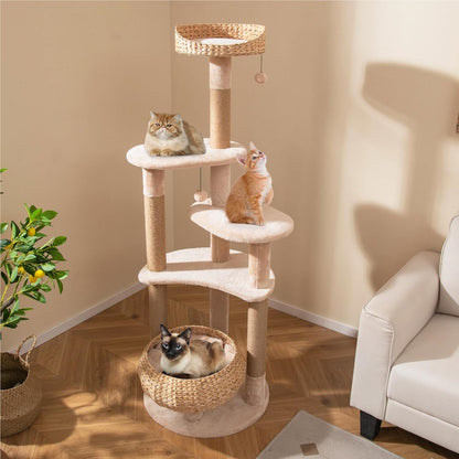 Kattenboom – Krabpaal – Klimtoren – Speelboom – Kattenmeubel – Beige Kleur – 165 cm Hoog – Duurzame Jute Krabpalen