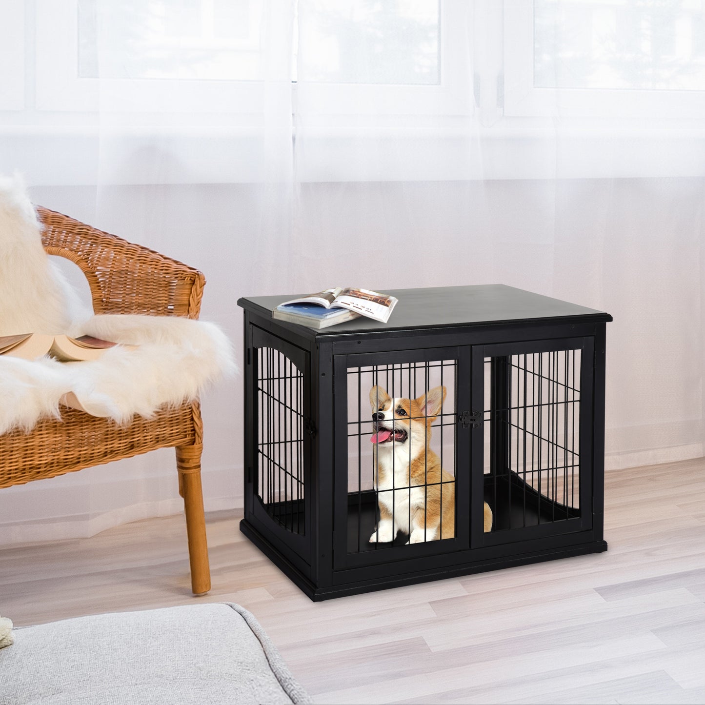 Hondenbench – Hondenkooi – Hondenhok – Hondenren – Hondenbench Zwart – MDF E1-klasse – 3 Slotbare Deuren – Geschikt Tot 30 Kg – 81x58x66 cm