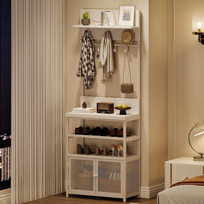 Kapstok – Jashaak – Schoenenrek – Garderoberek – Entree Organizer – Wit – Smal Design – 7 Haken – 3 Laags Schoenenrek – Hoogwaardige MDF & Metaal