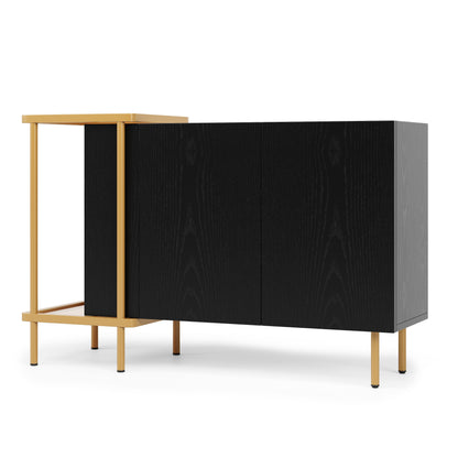 Modern White & Black Metal Sideboard with Glass Doors & Open Shelves - 2-Door Contemporary Storage Cabinet, Space-Saving Design for Small Spaces, 120x40x77.5cm, Durable Metal Construction, Ideal for Living Room, Entryway, Hal