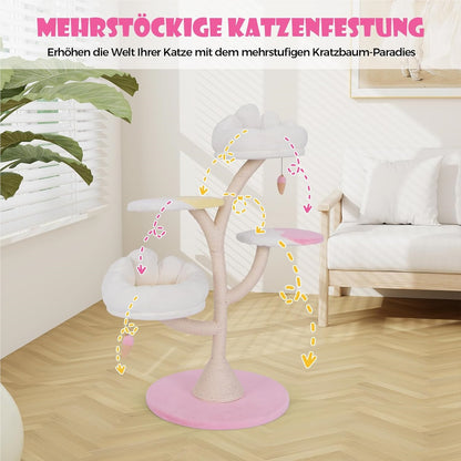 Kattenkrabpaal – Kattenboom – Krabpaal – Klimpaal – Speelpaal – Zacht Roze – 123 cm Hoogte – Sisal Krabpalen Met 2 Pluche Uitkijkposten