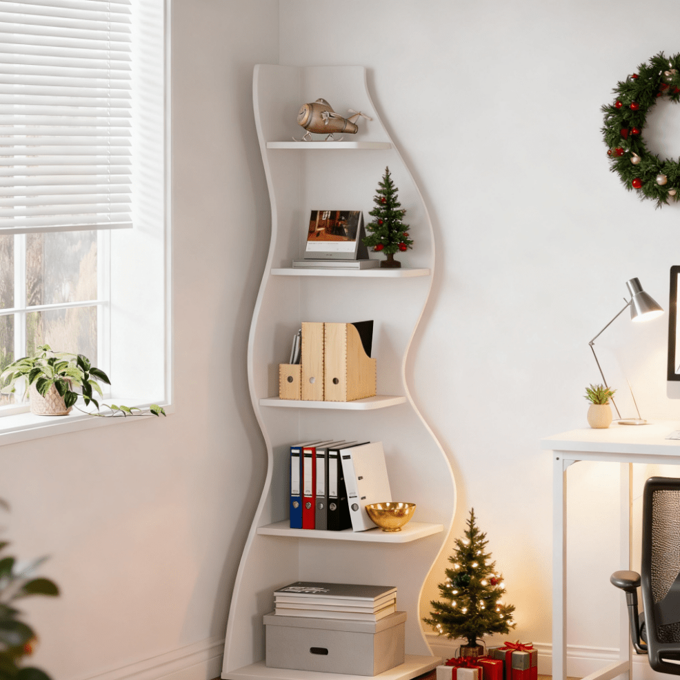 Modern White 5-Tier Corner Bookshelf & Plant Stand - Space-Saving Curved Shelf with Sturdy Hardwood Construction, Freestanding or Wall-Mounted Design, Easy Assembly, 68.58cm+ Height, Minimalist Accent Piece for Living Room, f