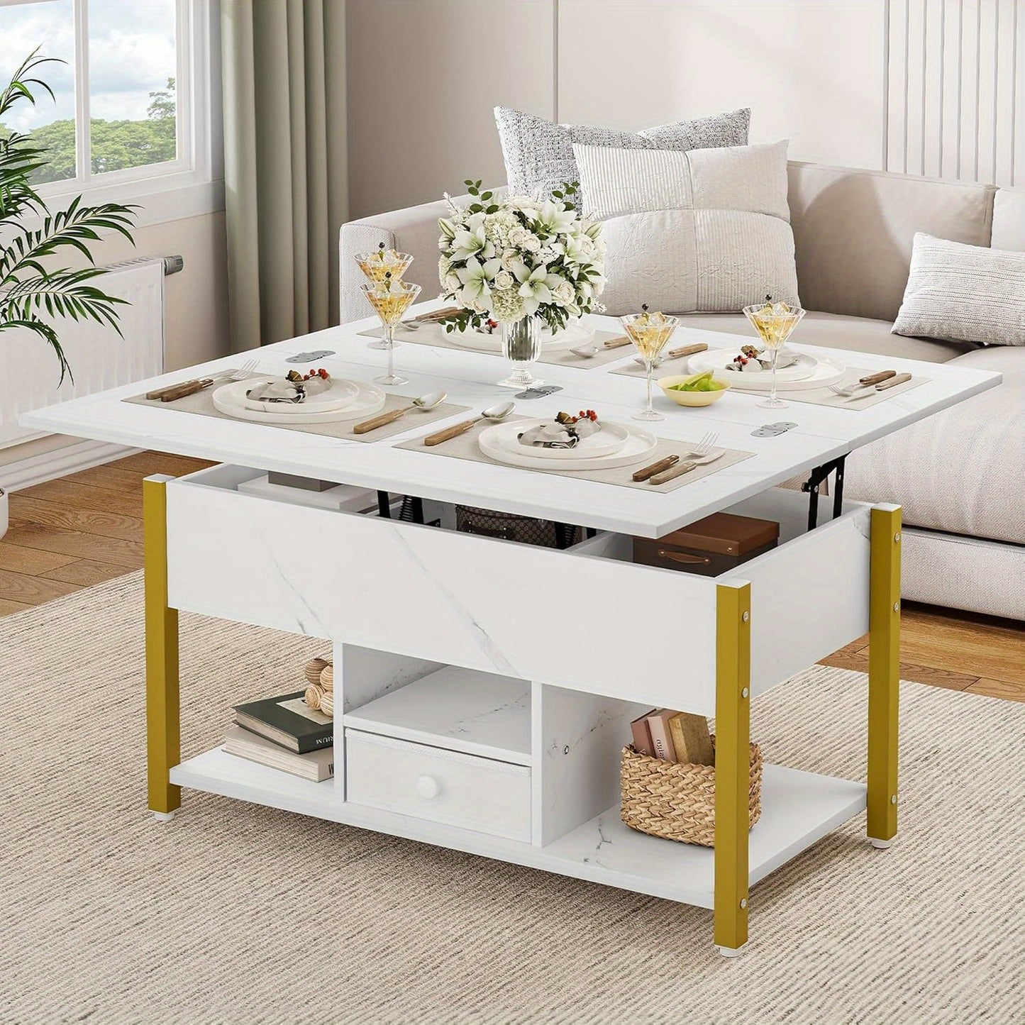 4-in-1 Verhoogbare Salontafel – Bijzettafel – Eettafel – Bureau – Opbergtafel – Wit – Verstelbaar Tafelblad – 2 Opberglades