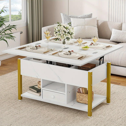 4-in-1 Verhoogbare Salontafel – Bijzettafel – Eettafel – Bureau – Opbergtafel – Wit – Verstelbaar Tafelblad – 2 Opberglades