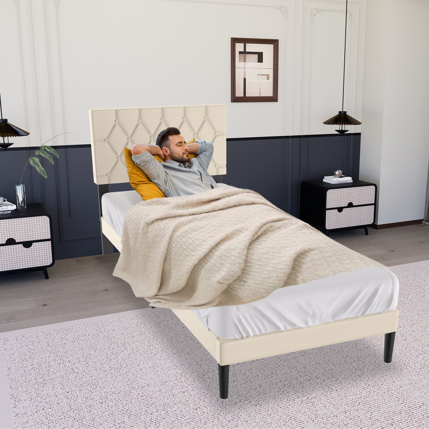 Upholstered Bed Frame with Headboard, Leather Platform Bed with Slatted Frame, Mattress Foundation in Beige/Black