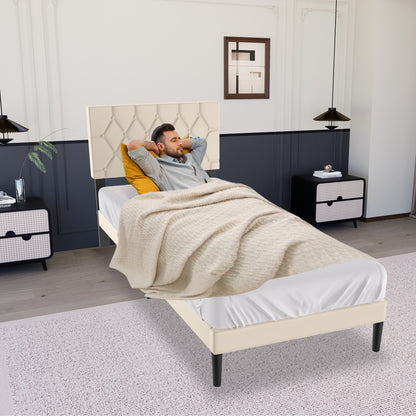 Upholstered Bed Frame with Headboard, Leather Platform Bed with Slatted Frame, Mattress Foundation in Beige/Black