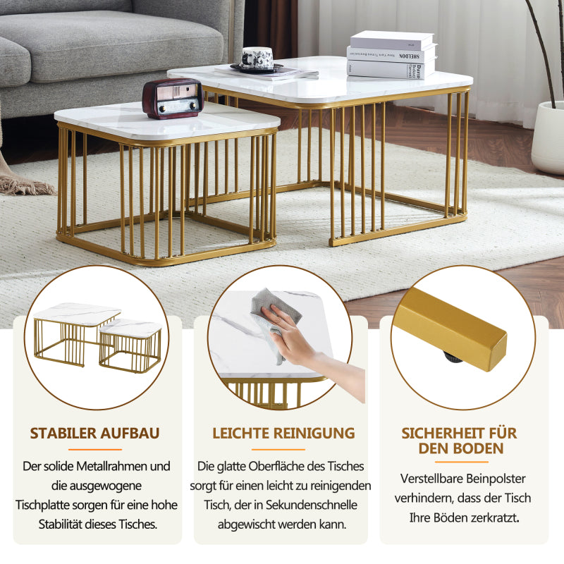 Salontafel – Bijzettafel – Woonkamertafel – Koffietafel – Nesting Tables – Hoogglans Marmerlook – Gouden Metalen Poten – Set van 2 – 70x70x45 cm & 50x50x36,5 cm
