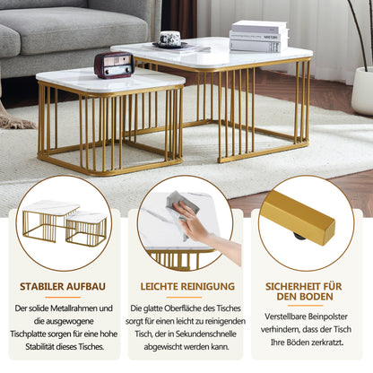 Salontafel – Bijzettafel – Woonkamertafel – Koffietafel – Nesting Tables – Hoogglans Marmerlook – Gouden Metalen Poten – Set van 2 – 70x70x45 cm & 50x50x36,5 cm