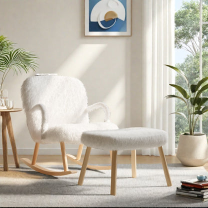 Schommelstoel – Relaxstoel – Fauteuil – Wipstoel – Lounge Stoel – Met Voetensteun – Wit Pluche – Massief Houten Frame