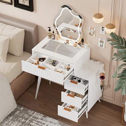 Make-up Tafel – Visagie Tafel – Schoonheidstafel – Kaptafel – Dressing Tafel – Wit – 4 Laden – Onregelmatige Spiegel – Glazen Blad – Föhnhouder – 80x40x128 cm – Houten Materiaal