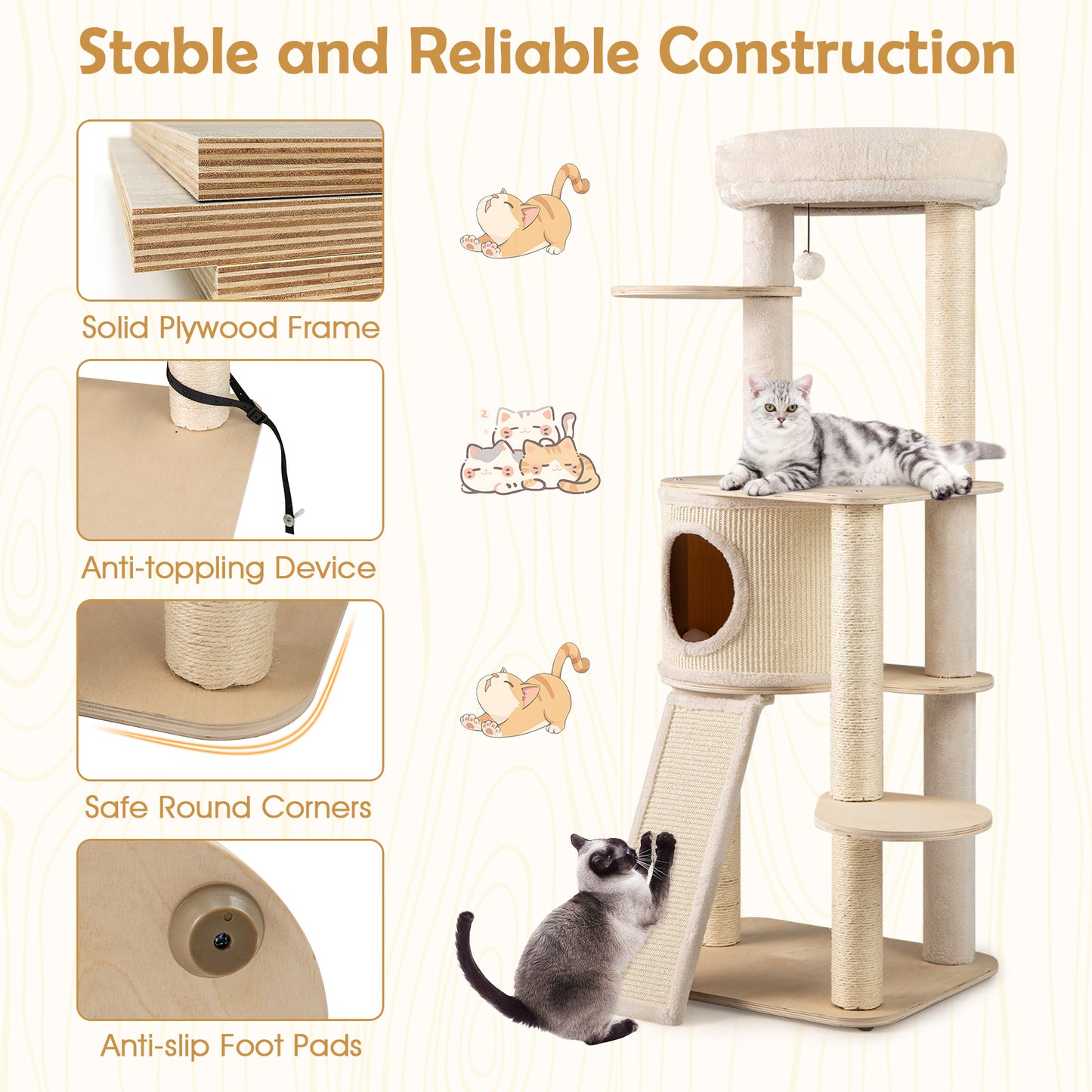 Kattentoren – Krabpaal – Kattenboom – Klimpaal – Kattenhuis – 143 cm Hoog – 6 Platforms Met Sisal Krabpalen