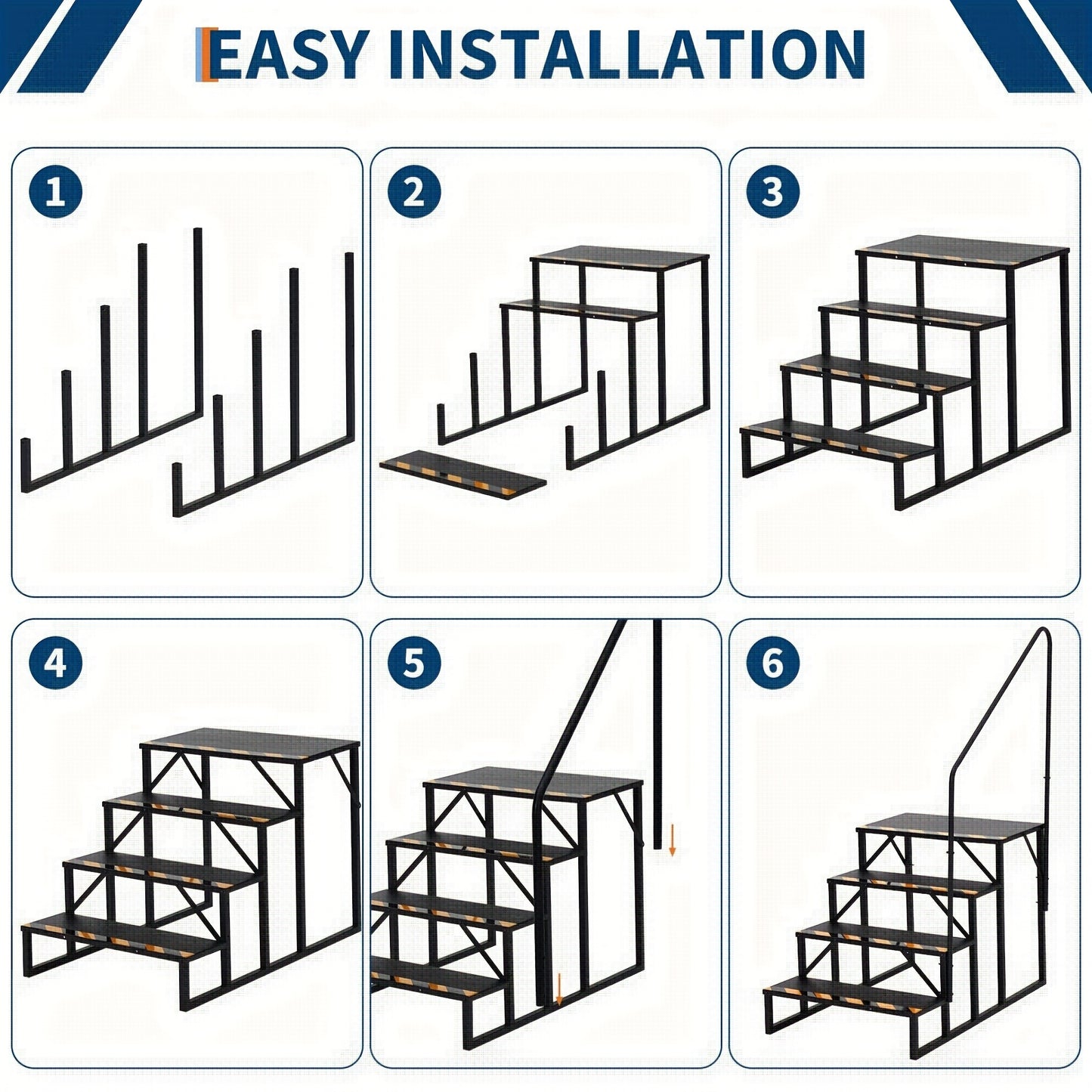 4-Step RV Stairs with Handrail, Portable Camper Steps for Travel Trailer & Hot Tub, Outdoor Stair with Non-Slip Treads and Powder Coated Frame, Hot Tub Access, Sturdy Handrail