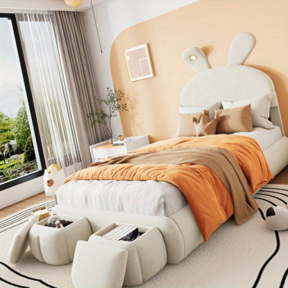 Eenpersoonsbed – Slaapbed – Bedframe – Kinderbed – Stapelbed – Beige Stoffen Bekleding – Verstelbare Warmlichtstrips – Inclusief 2 Opberghockers – 90x200 cm