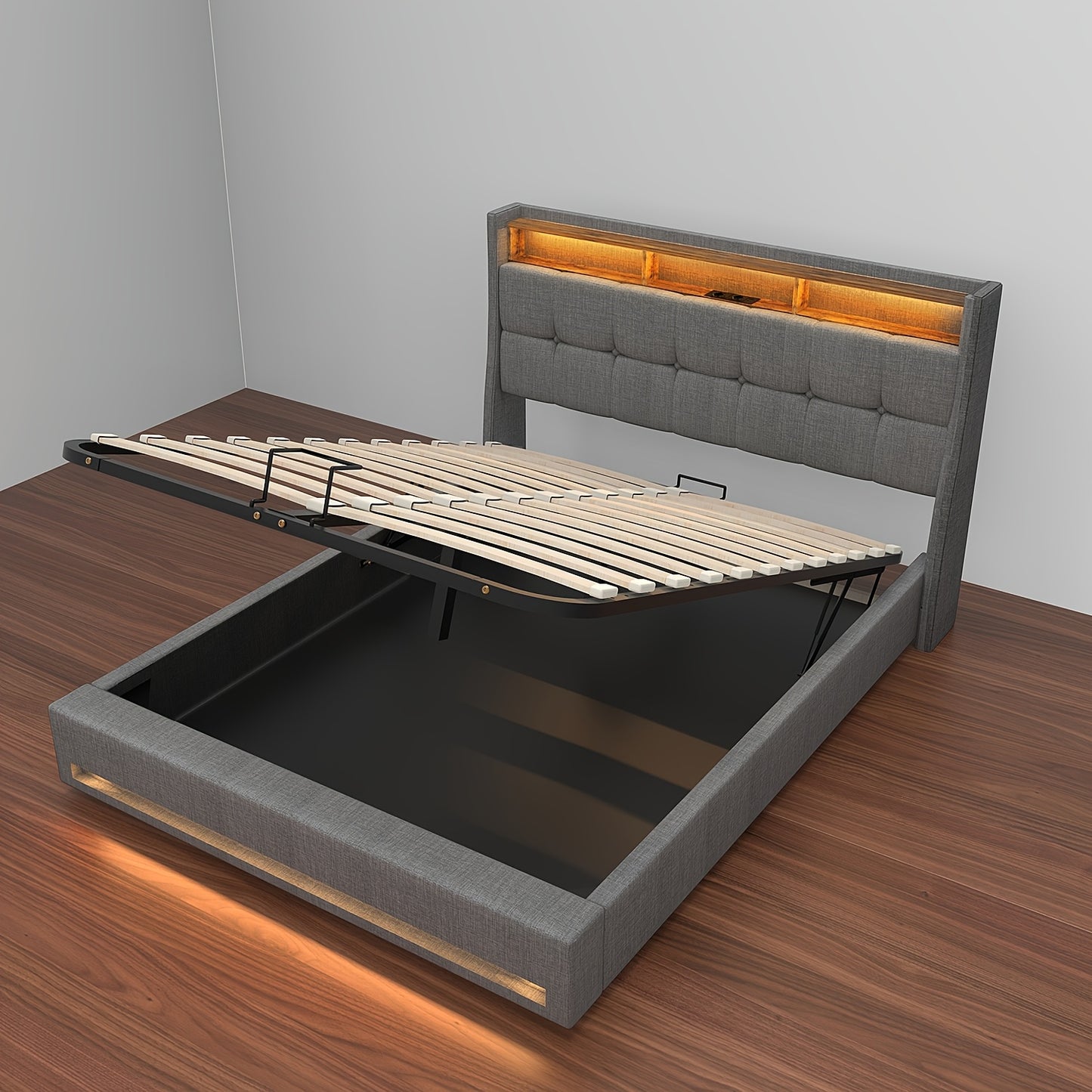 Eenpersoonsbed – Bedframe – Slaapkamerbed – Led Bed – Gestoffeerd Bed – 90x200 cm – RGB LED-Verlichting – Gestoffeerd Hoofdbord & Voetbord