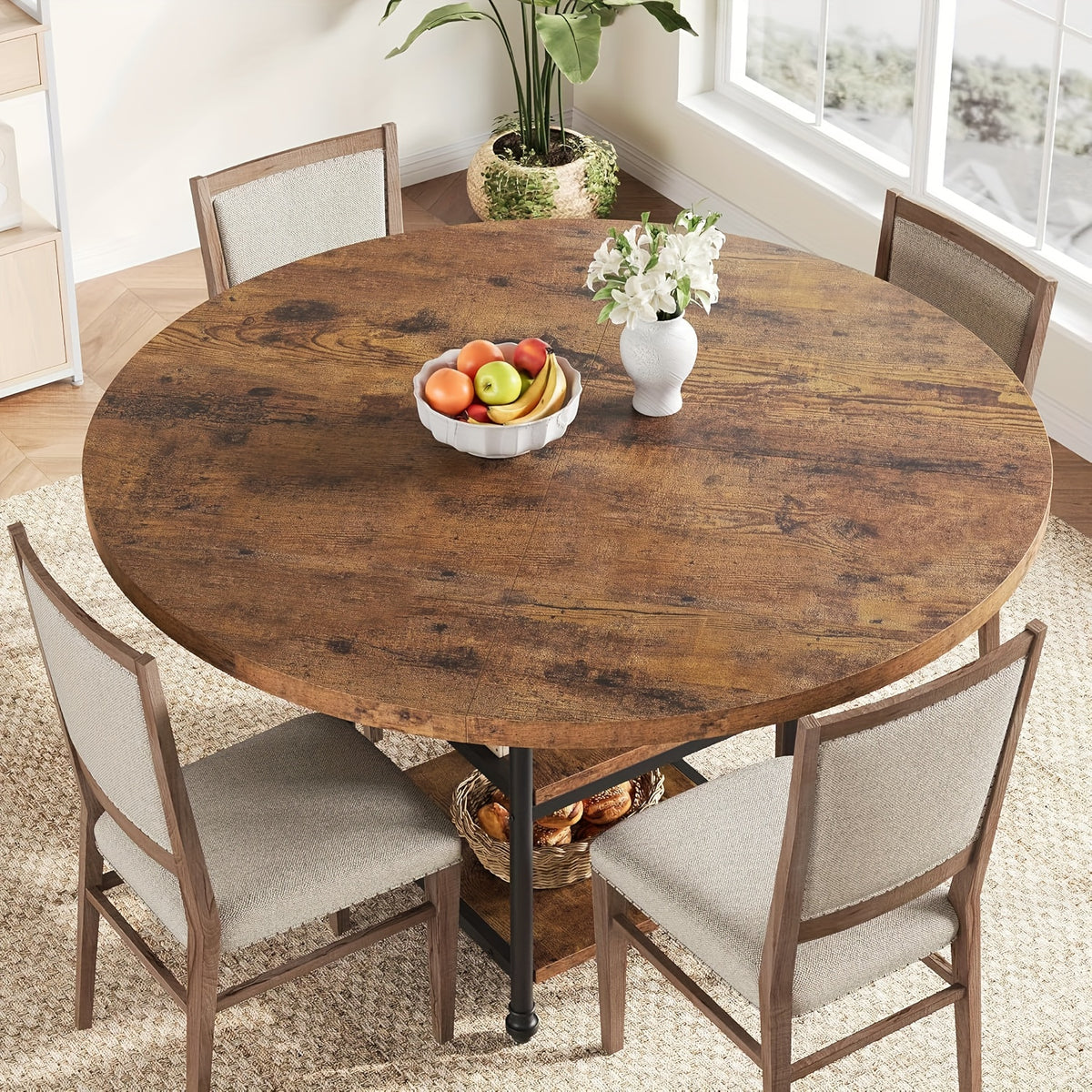 47-Inch Round Dining Table for 4 or 6 - Rustic Grey Wooden Kitchen Table with Storage Shelves & Roman Metal Legs, Contemporary Pedestal Design, No Assembly Required, Dining Room, Kitchen, Living Room Furniture, Dining Table, Kitchen Table
