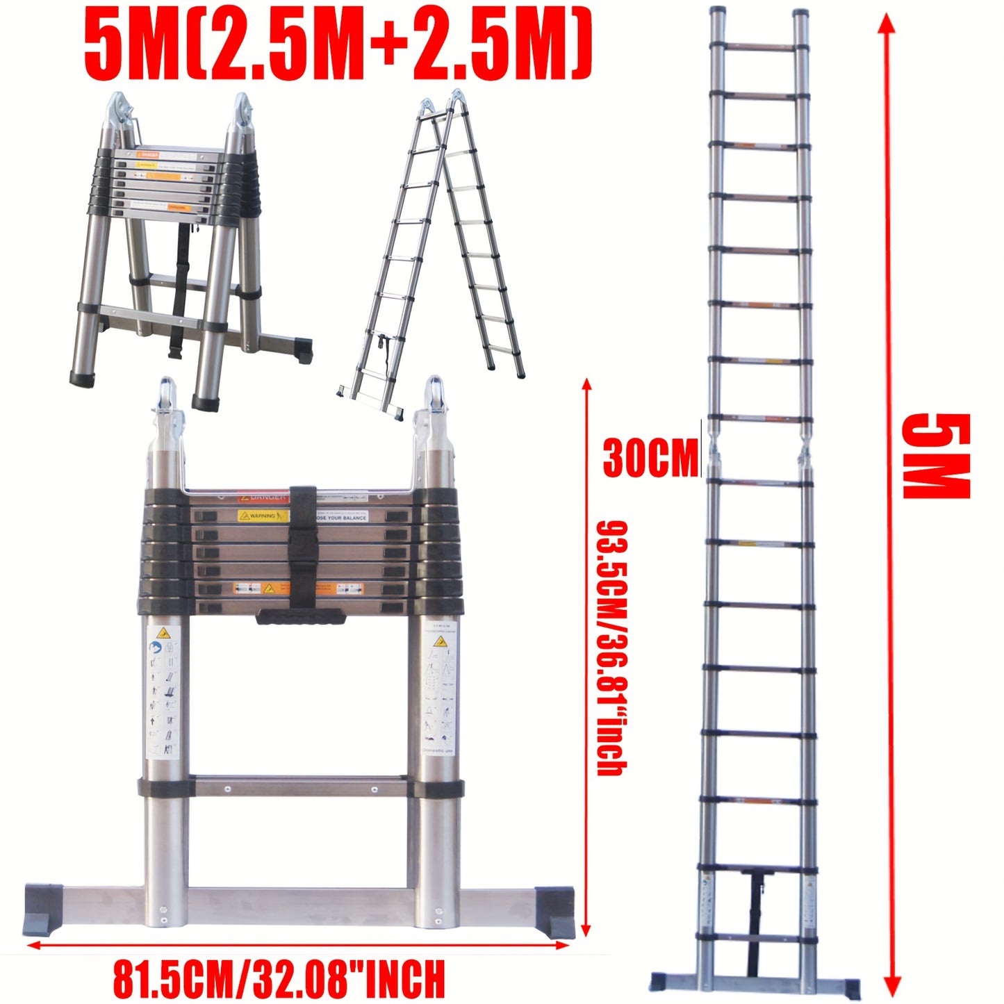 Telescopische Ladder – Inklapbare Ladder – Uitschuifbare Ladder – A-Frame Ladder – Vouwladder – 5 Meter Hoogte – Roestvrij Staal