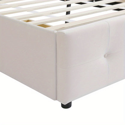 Bedbank – Slaapbank – Logeerbed – Eenpersoonsbed – Bed – Lichtbeige Gestoffeerd – Lattenbodem – 2 Grote Opberglades