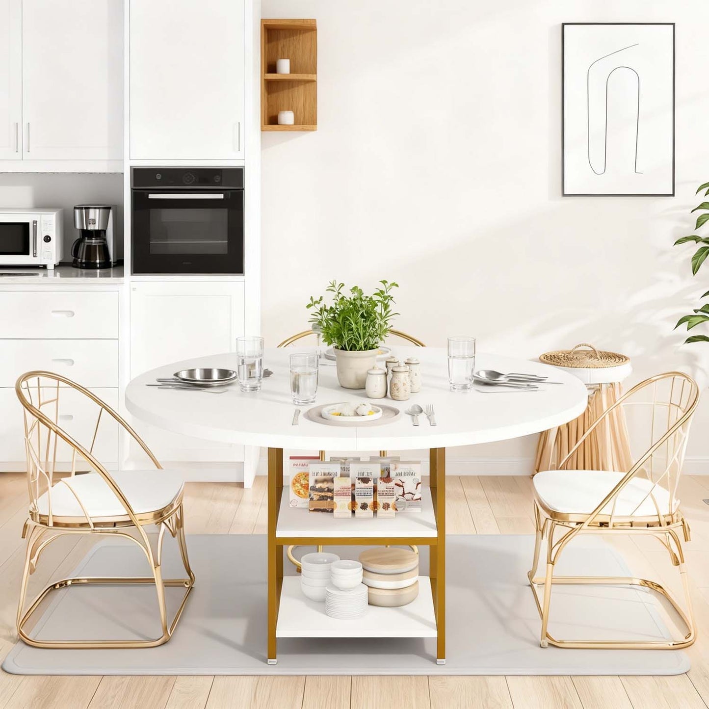 Eettafel – Keukentafel – Ronde Tafel – Eetkamertafel – Inklapbare Tafel – 119 cm Rond – 2-laags Opbergruimte – Wit Gouden Farmhouse Design