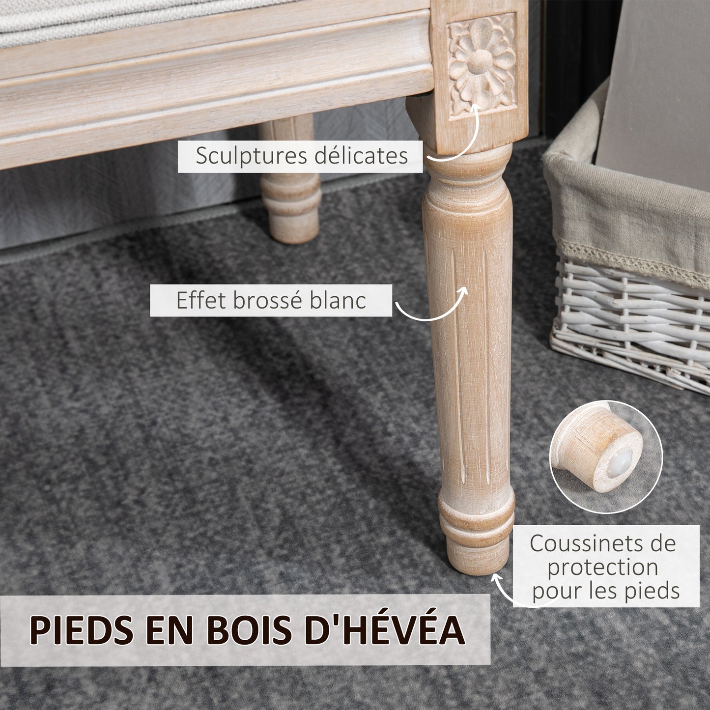 Opbergbank – Zitbank – Halbank – Opbergkist – Bankje – Vintage Franse Stijl – Crème Stof – Houten Poten – 117x40x48 cm – Max. 120 kg draagvermogen