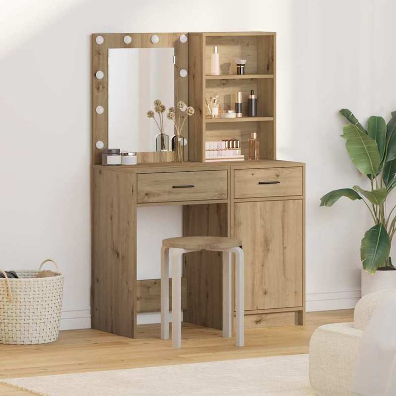Kaptafelset – Make-uptafel – Schminktisch – Vanity – Beautytafel – Eikenkleur – Compact Formaat 50x41x135 cm – Hoogwaardig Houtmateriaal