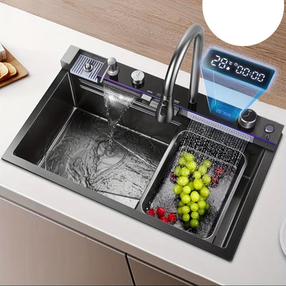 Keukenspoelbak – Spoelbak – Spoelbak RVS – Enkele Bak – Inbouw Spoelbak – Gunmetal Grijs – Grote Enkele Bak 68x45x22 cm – Honingraat Nano Coating & Waterval Afvoer