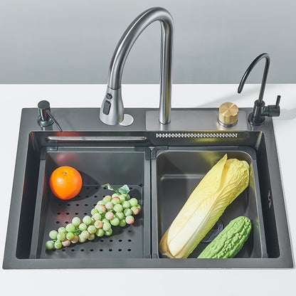 1 Set Built-in Waterfall Sink Single Bowl Kitchen Sinks, High-End Kitchen Deluxe Stainless Steel, Includes 3-In-1 Faucet, Cup Wash And Drain KitStainless Steel Bar Sink with Pull Down Sprayhead Faucet, Gun Gray Or Brushed Gol