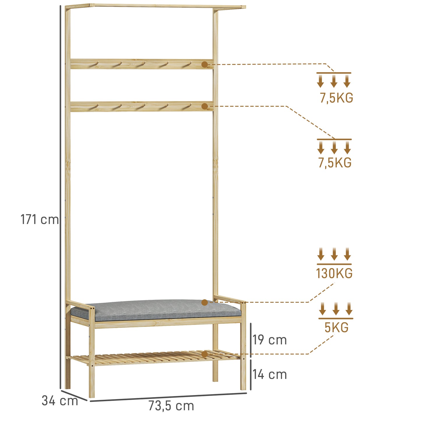 Kapstok – Wandkapstok – Schoenenrek – Garderobe – Halmeubel – Met Bamboe En Kunstleer – 10 Haken En Verborgen Opbergruimte