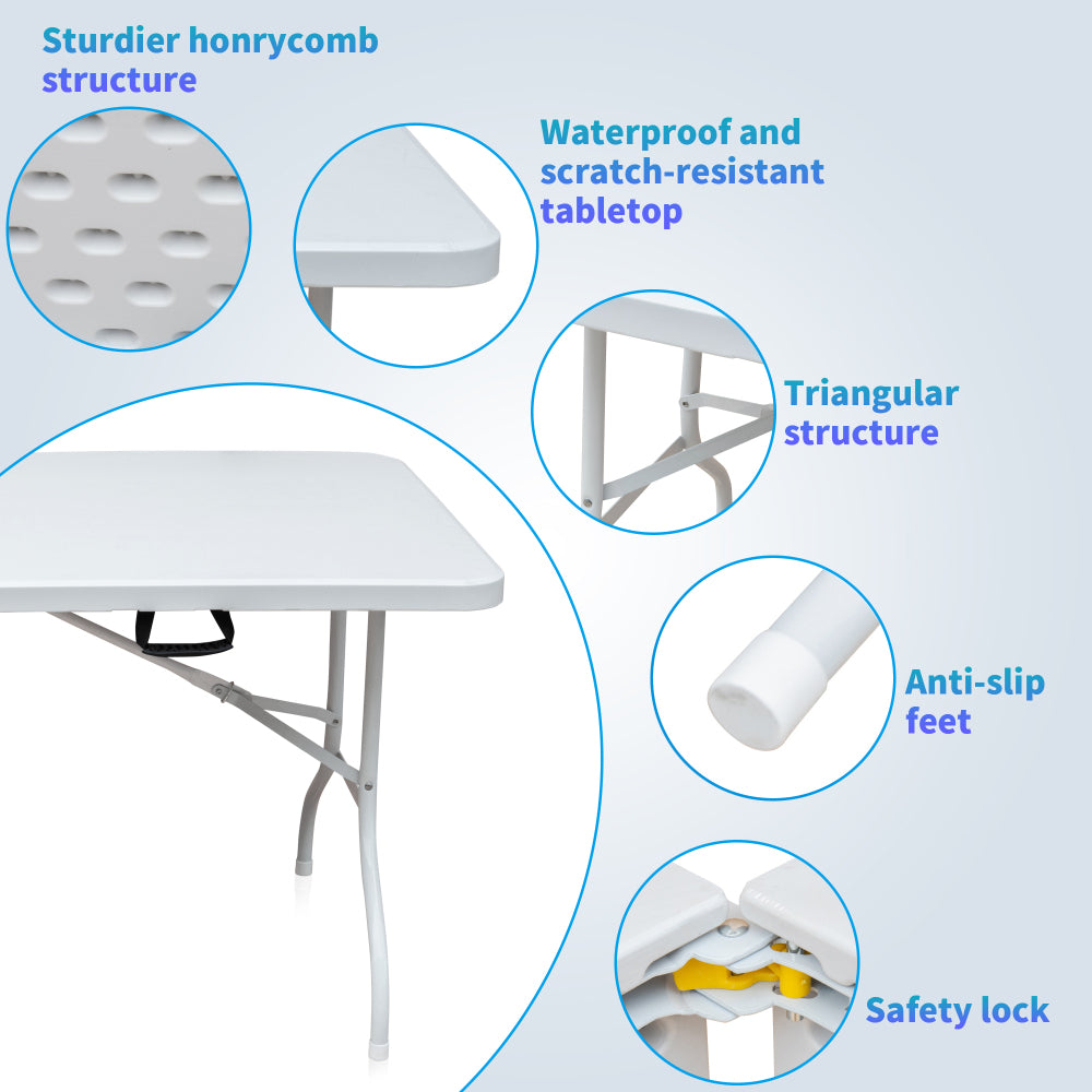 Buitentafel – Tuintafel – Klaptafel – Opvouwbare Tafel – Eettafel Buiten – Verstelbare Hoogte – 180 cm – Stalen Frame – Waterbestendig Wit Tafelblad