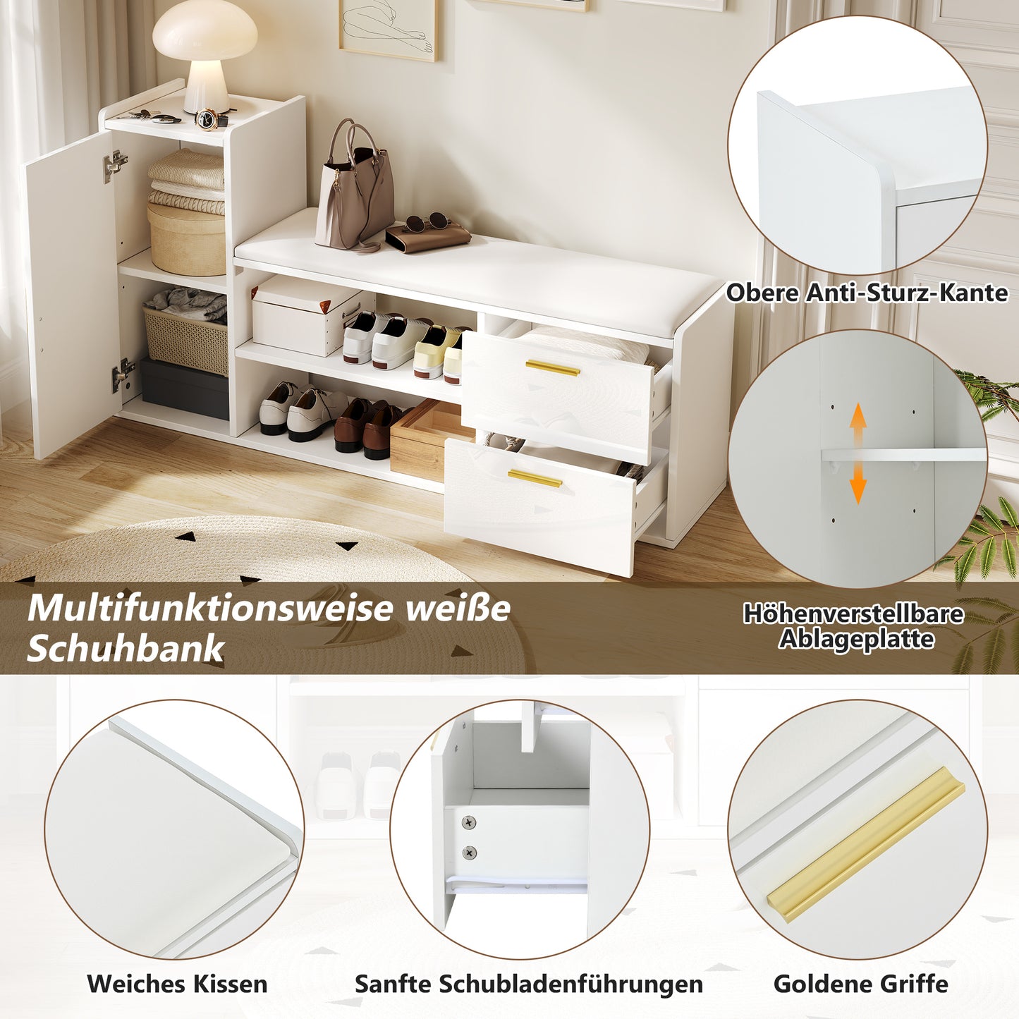 BTM Shoe Cabinet 128×30×68 Cm, in White with Shoe Bench, 2 Drawers & 1 Closet, Open 2-Tier Shoe Rack with Upholstered Seat Bench, Storage Furniture for Hallway, Living Room Or Office