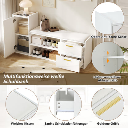 BTM Shoe Cabinet 128×30×68 Cm, in White with Shoe Bench, 2 Drawers & 1 Closet, Open 2-Tier Shoe Rack with Upholstered Seat Bench, Storage Furniture for Hallway, Living Room Or Office