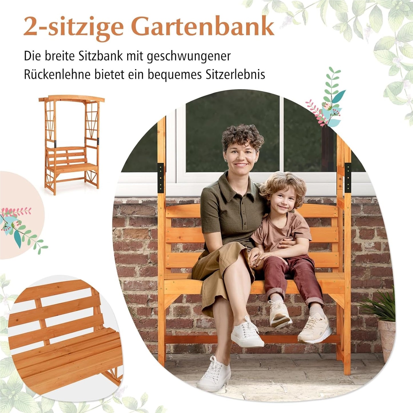 Rozenboog met Bankje – Houten Tuinboog – Klimplant Steun – Tuinbankje – Pergola – 2-Zits Bank – Weerbestendig Dennenhout – 120 x 58 x 189 cm