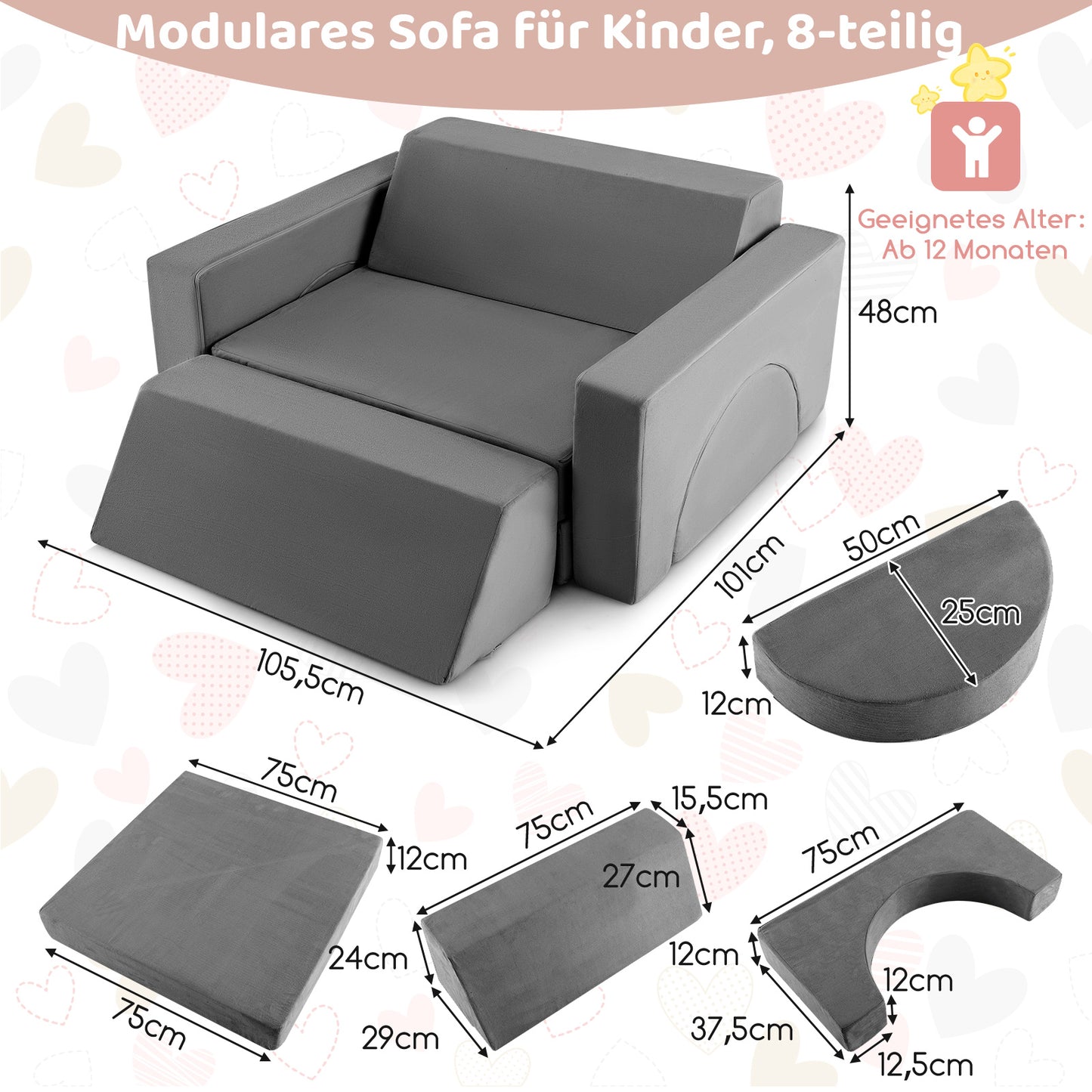Modulaire Speelbank Kind – Zitzak Kinderen – Kinderbank Speelhoek – Speel Sofa – Zacht Speelmeubel – 8-delig – Afneembare Wasbare Hoezen – Makkelijk Te Monteren