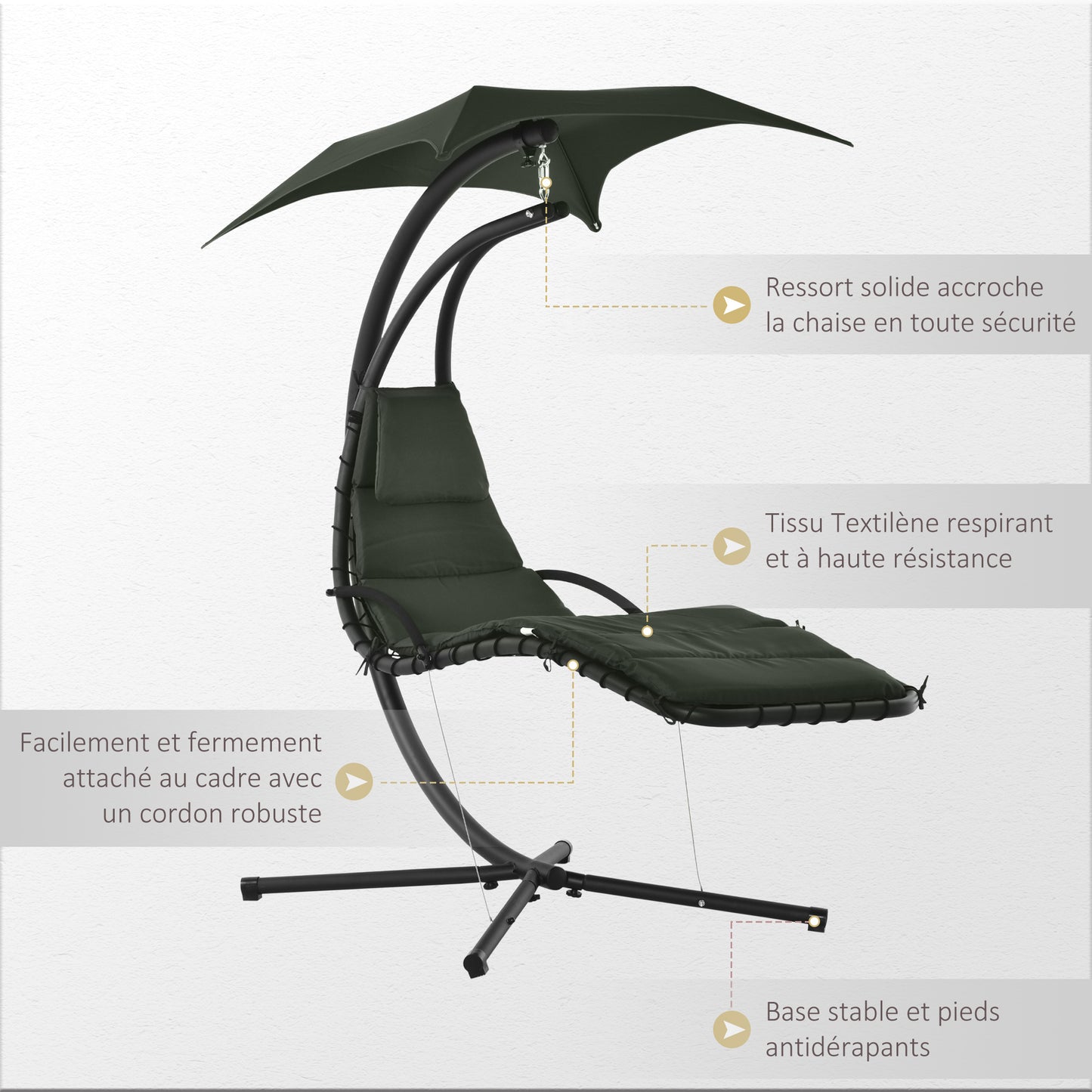 Hangstoel – Schommelstoel – Tuinstoel – Hanggedeelte – Loungechair – Donkergrijs Zwart – Robuust Stalen Frame – Verwijderbaar Zonnescherm