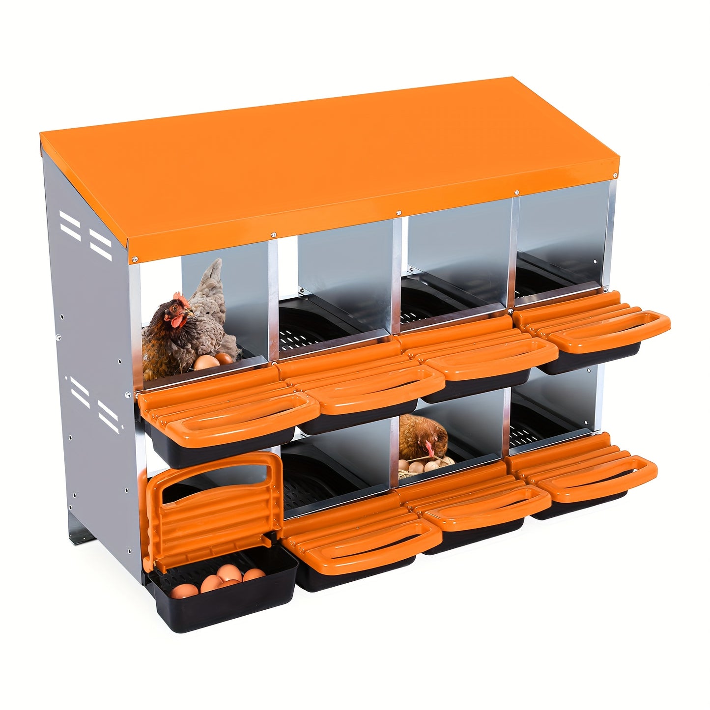 6/8/10-Hole Heavy-Duty Metal Chicken Nesting Boxes with Roll-On Egg Collection System, Ventilation Holes & Keylock Installation - All-Weather Durable Laying Boxes with Removable Trays & Egg Storage for Hens, Ducks, Geese - Ea