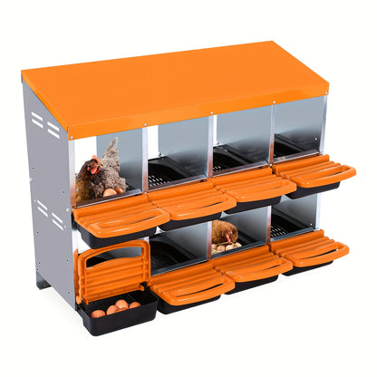 6/8/10-Hole Heavy-Duty Metal Chicken Nesting Boxes with Roll-On Egg Collection System, Ventilation Holes & Keylock Installation - All-Weather Durable Laying Boxes with Removable Trays & Egg Storage for Hens, Ducks, Geese - Ea