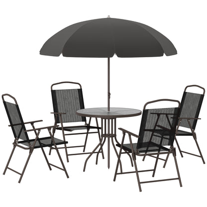 Tuinset – Bistro Set – Loungeset – Tuinmeubel – Balkonset – Zwart – 6-Delig Met Parasol – Epoxy Staal En Textilene – Geharde Glazen Tafelblad