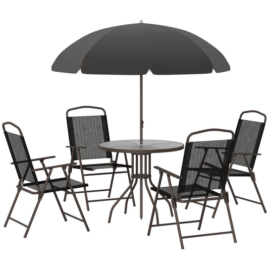 Tuinset – Bistro Set – Loungeset – Tuinmeubel – Balkonset – Zwart – 6-Delig Met Parasol – Epoxy Staal En Textilene – Geharde Glazen Tafelblad