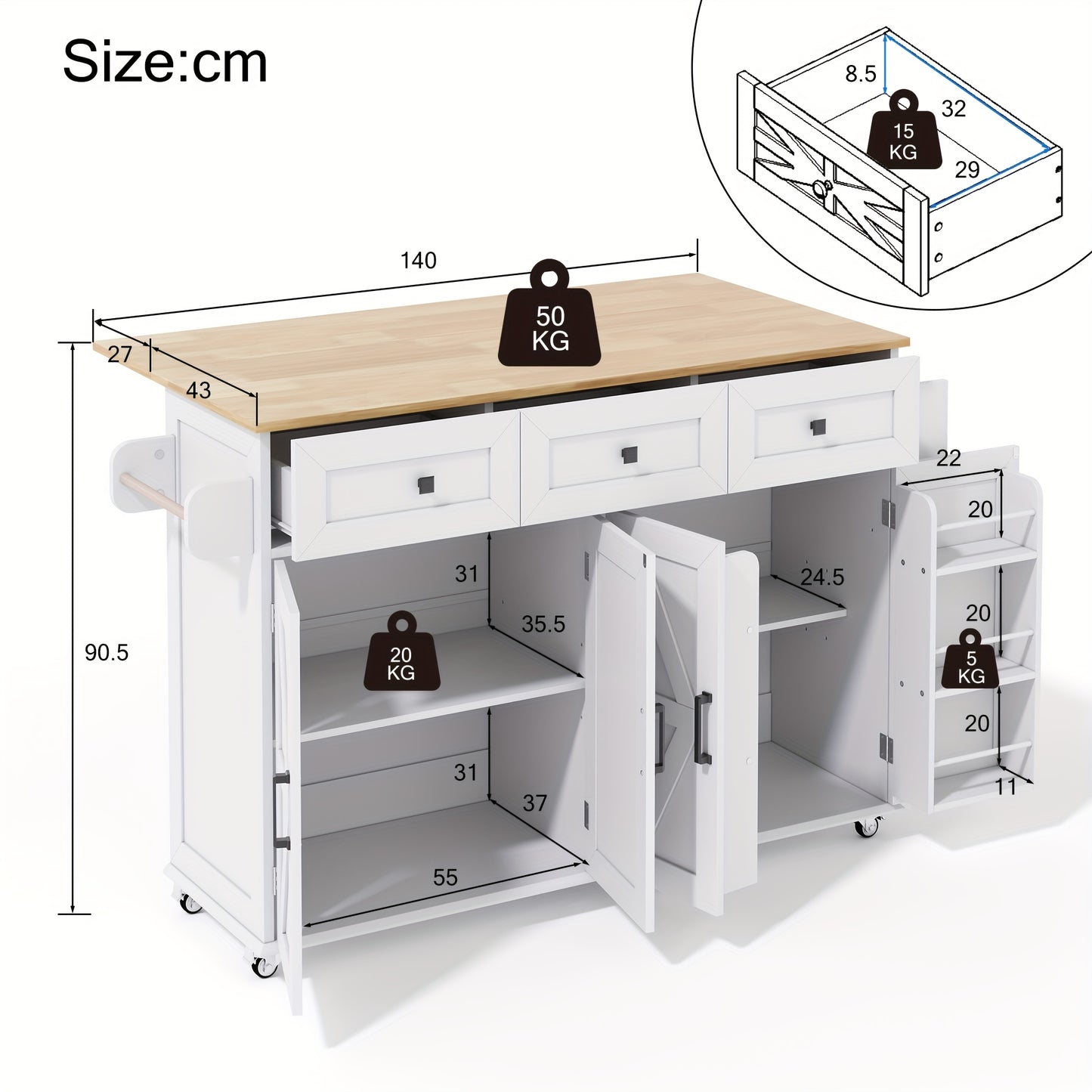 White Modern Farmhouse Kitchen Island with Fold-Down Worktop, 5 Lockable Casters, 4 Doors, 3 Drawers, Door Shelf & Double-Sided Towel Rack - Heavy-Duty Mobile Storage Cabinet with Spacious Work Surface, Barn-Style Design, Whi
