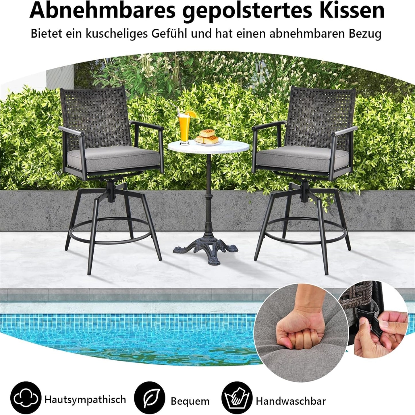 Barstoel – Barkruk – Barstoel Set – Barstoelen – Bistrostoel – 360° Draaibaar – 2-Laags PE-Rattan Rugleuning – Verstelbare Voetensteun – Metalen Frame – Set Van 2 – Zithoogte 64 cm