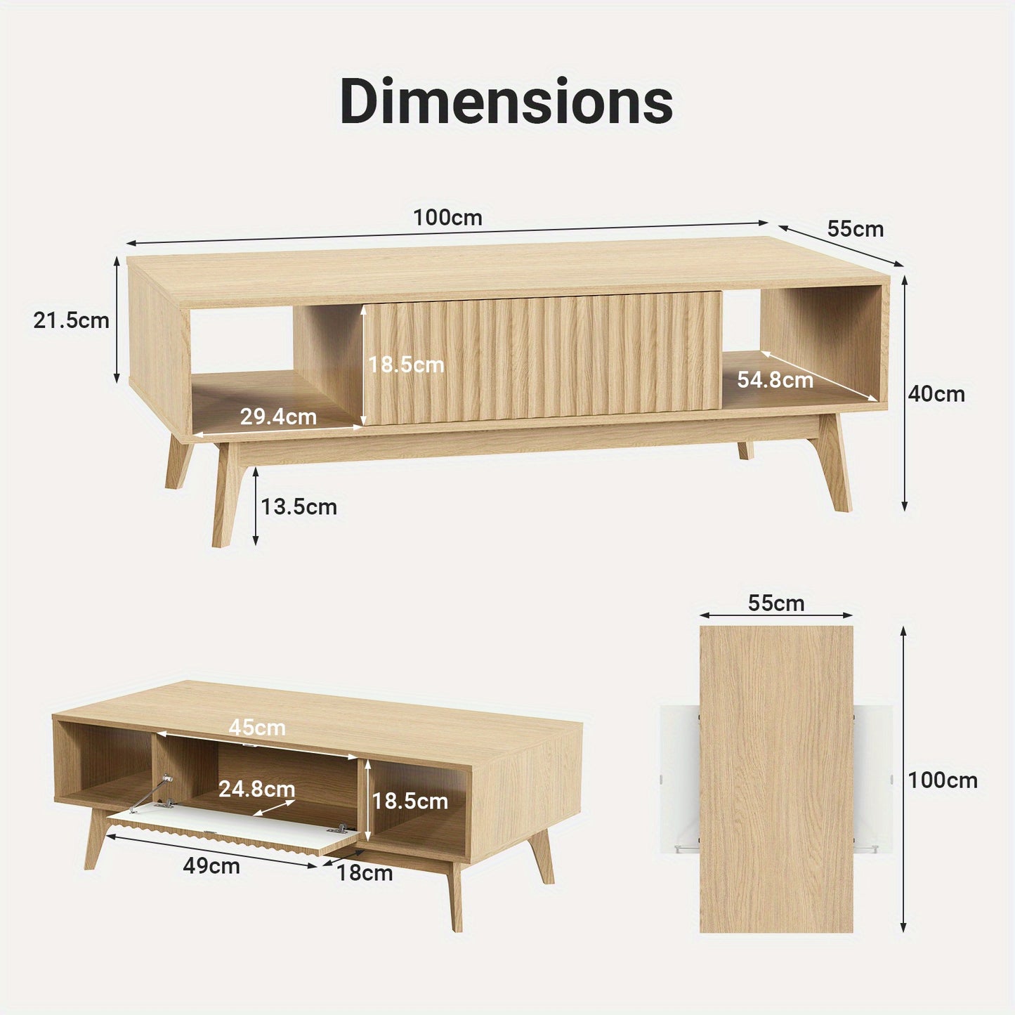Salontafel – Koffietafel – Tafel – Woonkamertafel – Bijzettafel – Mid-Century Design – 2 Lades & Open Planken – Licht Eiken MDF – Draagvermogen 113 kg