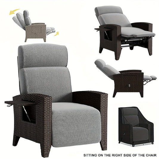 Designer Rattan Sofa & Chair Set - Ergonomic Memory Foam Cushion, Adjustable 160° Reclining Backrest, All-Weather Wicker Patio Furniture with Integrated Side Table, Removable Cushion Cover - Heavy-Duty Outdoor Garden Chair f