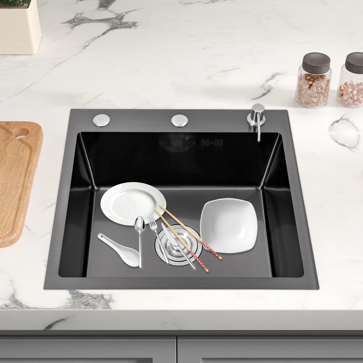 Keukenspoelbak – Spoelbak – Keukensink – Wasbak – Vaatwasbak – Zwart RVS – Royale Binnenmaat 46x35,5 cm – Opbouw Onderbouw Vlakbouw – Met Zeepdispenser en Compleet Accessoiresset