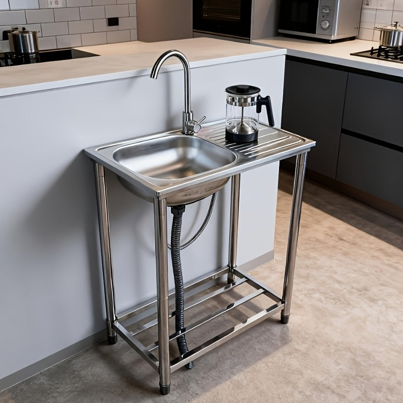 Stainless Steel Freestanding Sink with Workbench & Faucet - Heavy-Duty 304 Grade All-Weather Outdoor/Indoor Use, Large Capacity Durable Polished Sink for Kitchen, Camping, Garden, Garage, Holiday Events - Easy-Clean Surface &