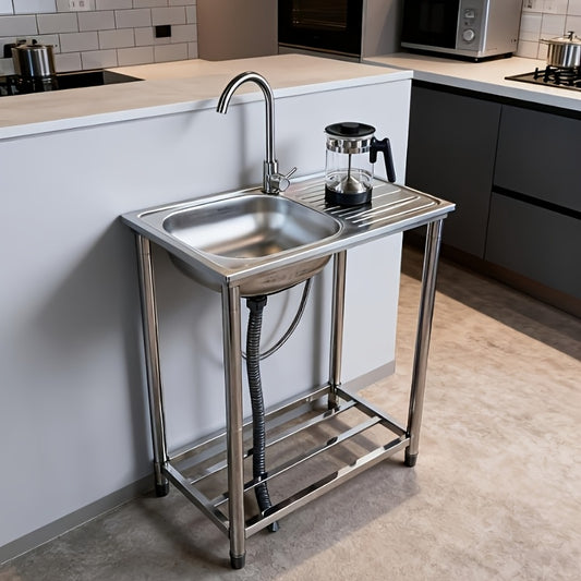 Stainless Steel Freestanding Sink with Workbench & Faucet - Heavy-Duty 304 Grade All-Weather Outdoor/Indoor Use, Large Capacity Durable Polished Sink for Kitchen, Camping, Garden, Garage, Holiday Events - Easy-Clean Surface &