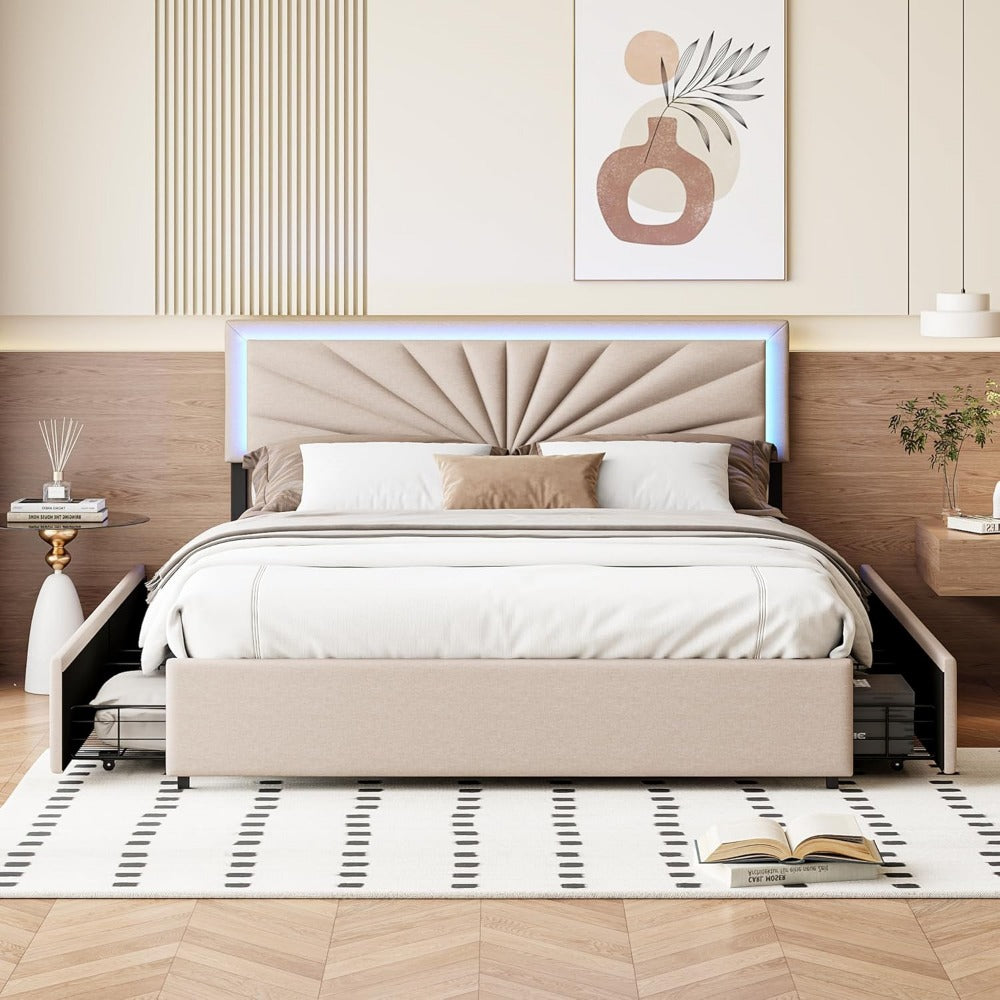 Tweepersoonsbed – Bedframe – Opbergbed – Led Bed – Linnen Gestoffeerd – Met 4 Laden – Met Houten Latten – Usb Oplaadpoorten