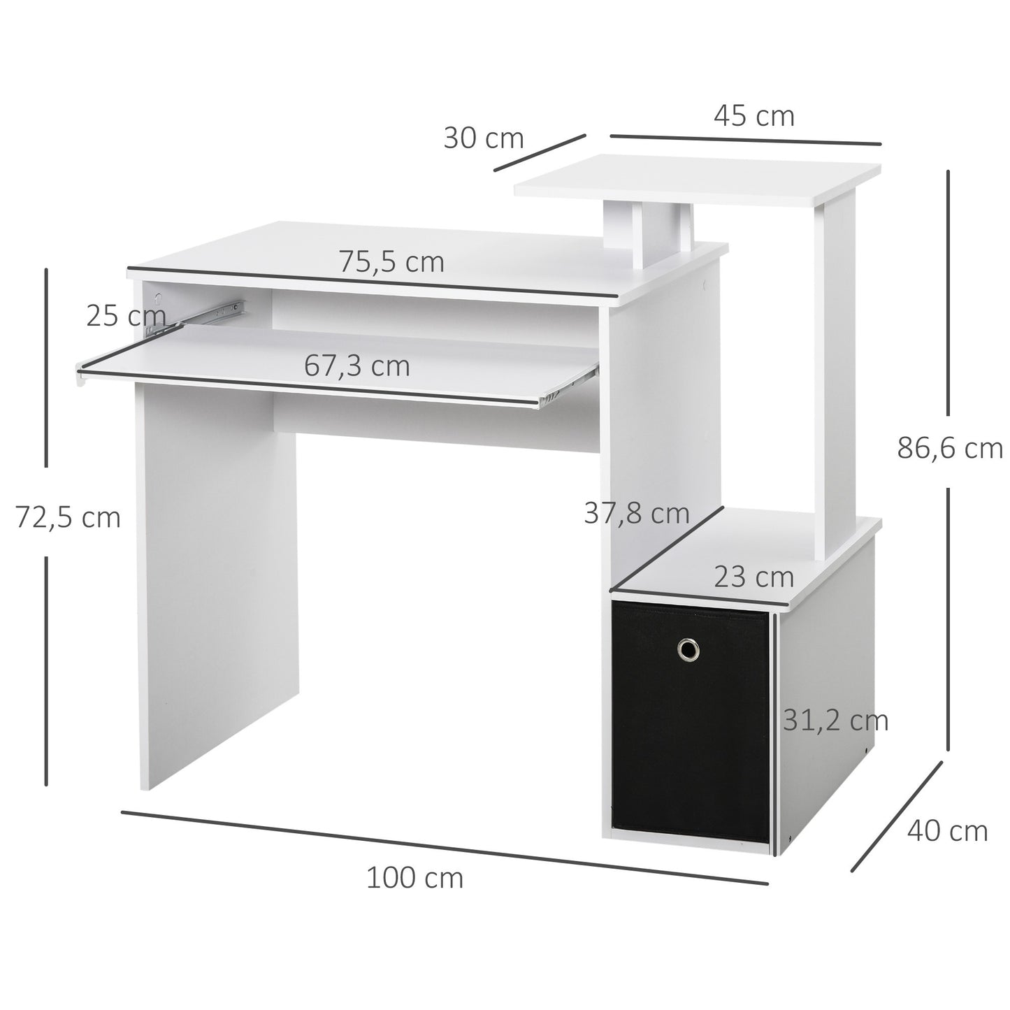 Bureau – Computertafel – Werkplekmeubel – Thuiswerkbureau – Laptoptafel – Compact formaat 100x40 cm – Melamine afwerking wit