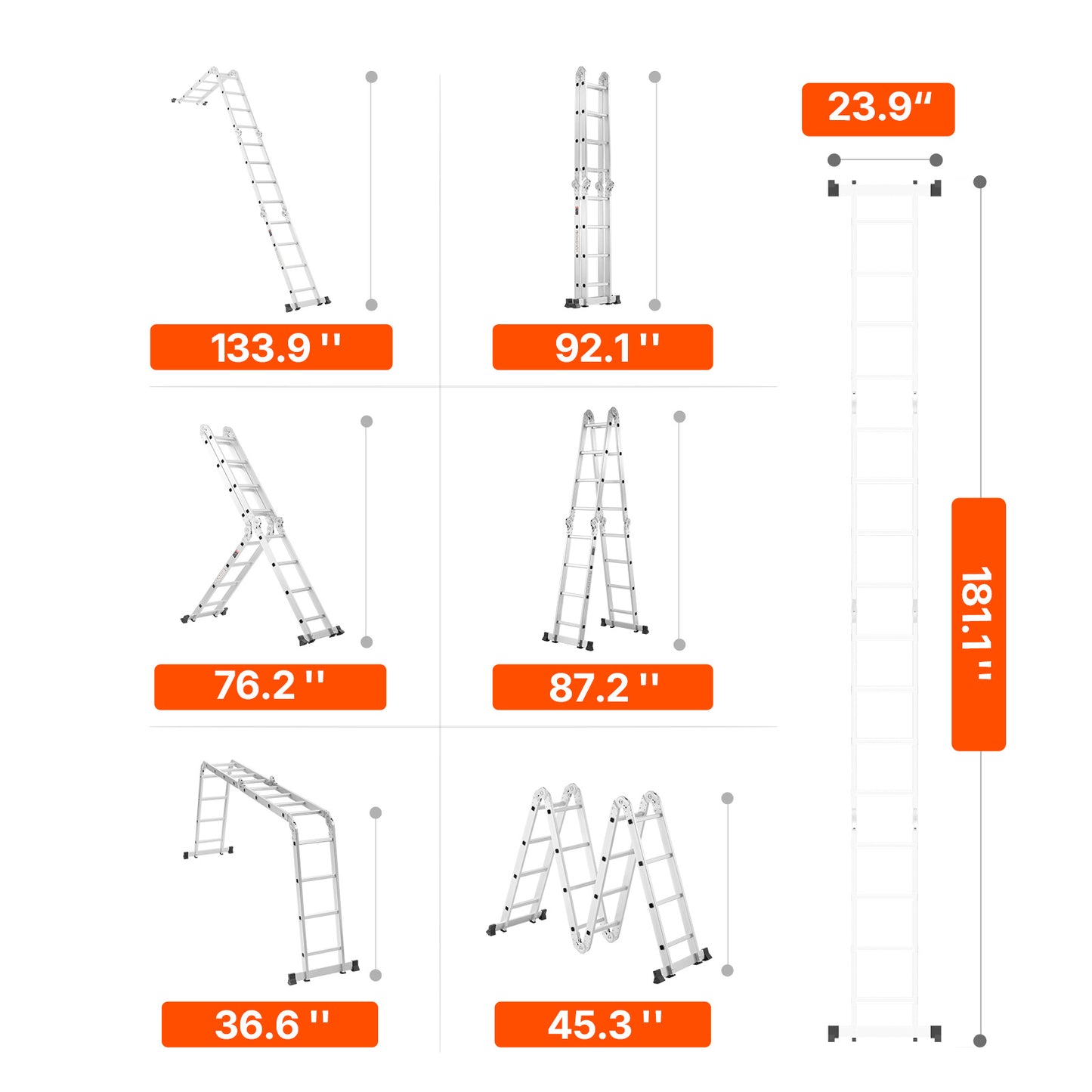 Vouwladder – Multifunctionele Ladder – Opvouwbare Ladder – Telescopische Ladder – Scharnierladder – Aluminium – 7-in-1 Functie – Max. Werkhoogte 4,6 Meter